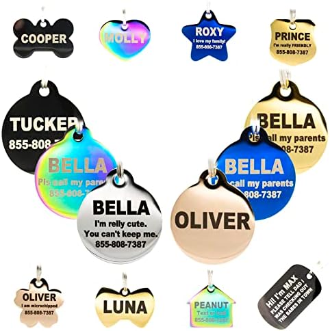 Tags de cães gravadas personalizadas - aço inoxidável gravado tags de identificação de gato de cachorro Frente e traseiro até 8 linhas de texto com revestimento de cor, ouro rosa, azul, preto, nebuloso osso regular