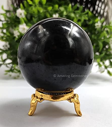Bola redonda da esfera de cristal turmalina preta com suporte para o suporte da esfera, esfera de pedra de cura natural