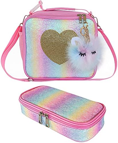 JoJookids Isoled Unicorn Lanch Box & Kids Backpack Glitter Rainbow Incl.Unicorn Keychain Gift | Conjunto de material escolar