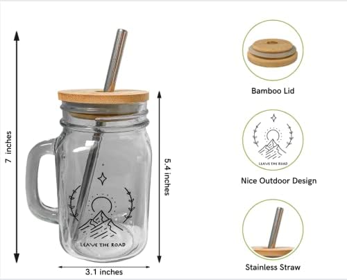 Jarra de maçom amanerya com alça, canecas de vidro com tampa de bambu e palha, jarra de pedreiro, conjunto de 4pcs - 16oz, jarra de pedreiro bebendo copos
