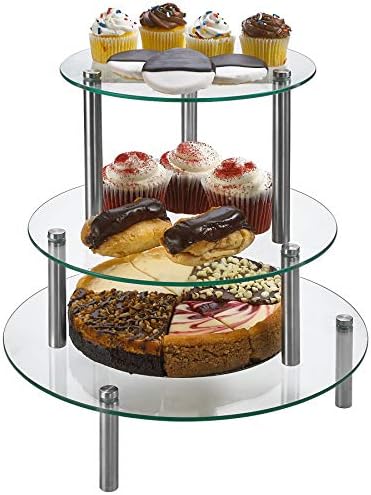 3 Tier redonda de vidro temperado Stand 9, 11, 13 ”Para bolo, cupcakes, sobremesas, padaria, aperitivos - conjunto de 3 Raiser de exibição de varejo de vidro.