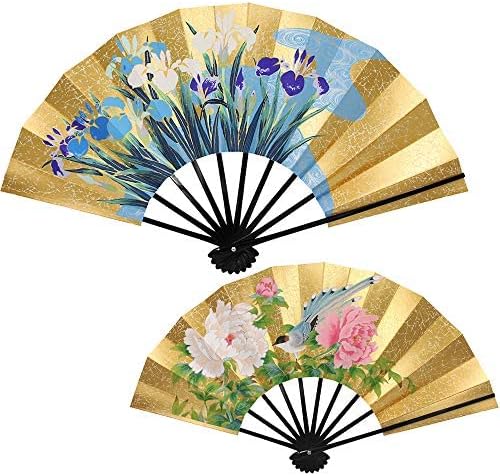 Hangesho Kyo-Sensu Interior Decorativo Fan com Stand, 19 X11.5, Artesanato Tradicional Japonês, Design Reversível: Gold/Iris/Peony