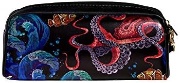 Bordado Bordado de Onda de Octo Octopus Vermelho e peixes tropicais Padrão bolsa case mulher maquiagem Pu couro de