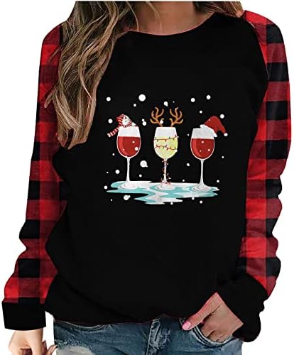Camisa de Natal feminina tops engraçados xadrez xadrez de manga longa de raglan camisetas raglan splicing redond