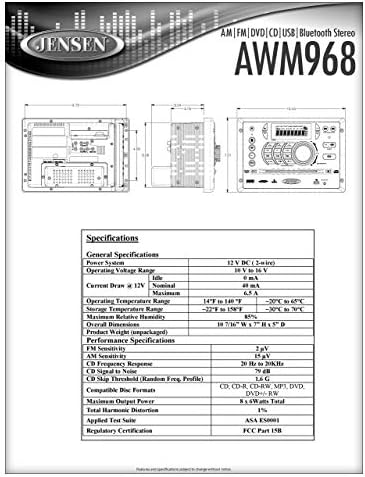 Jensen AWM968 AM/FM/CD/DVD/USB Bluetooth estéreo, o USB frontal suporta MP3/WMA, DVD player CD, CD-R, CD-RW, DVD/DVD R, DVD RW, DVD-R, DVD-RW, DVD -Video, MPEG-4, VCD, JPEG e MP3/WMA compatíveis