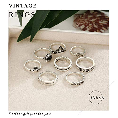 Ibliss boho gem artick knuckle anéis de prata elefante claddagh anéis de dedo médio definido jóias de anel empilhável para mulheres e meninas 8pcs