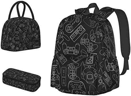 OPLP Black and White Video Game Controller Background Backpack Backpack Lunchag Bag Case Lápis Combinação de 3 peças