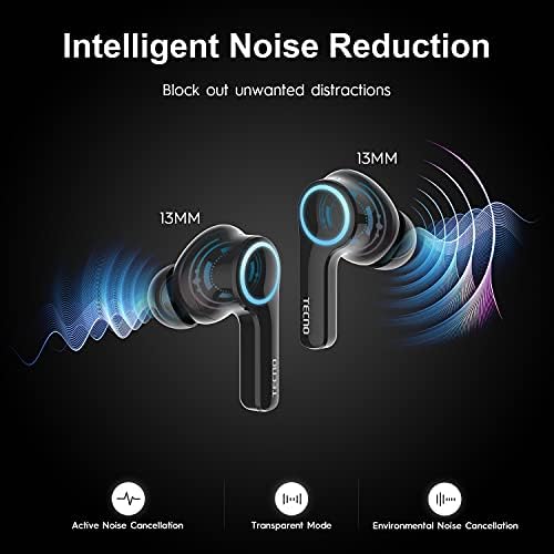 TECNO True Wireless Bluetooth Earbuds com microfone e ruído H3 cancelamento de fones de ouvido Bluetooth