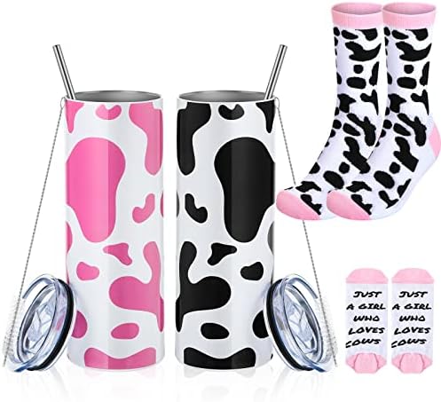 4 PCs Presentes temáticos de vaca Conjuntos, 2 PCs 20 oz cofre cofre copo com tampas e palhas Iceld Coffet Cup e 2 pares de meias de vaca novidade para meninas mamãe, rosa e preto