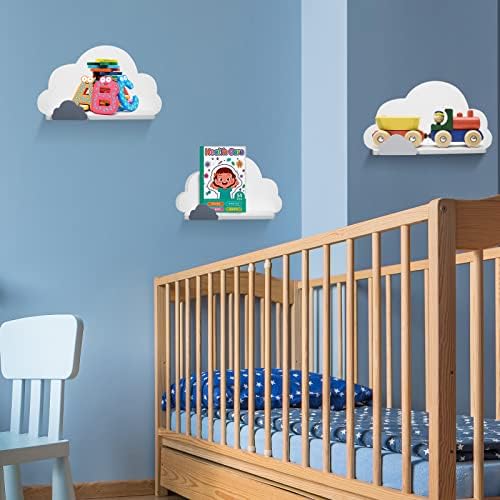 Conjunto de 3 prateleiras de nuvens para o quarto de crianças - Decorações de nuvem de prateleira de parede flutuantes de madeira, prateleiras de livros flutuantes para decoração ou berçário de quarto de bebê, elegante e fácil de instalar