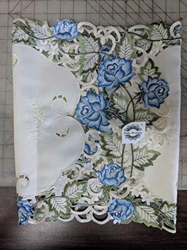 Diarz Boutique Table Runner bordado com rosas azuis vitorianas em tecido de marfim, tamanho 44 x 15 polegadas