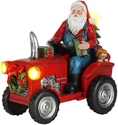 Dusvally Christmas Papai Noel e Tractor Estátua da tabela de decoração de figuras com presente de iluminação LED para Kid & Adult, Vintage Red Car & Santa Resin Sculpture for Home & Office, 6.5''H