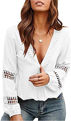 Andongnywell Women Solid Color Lace Crochet V Decote Blouses Longa Camisas Casuais Tops Hollow Out Shirt