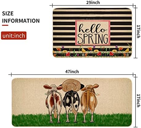 Spring Decorative Kitchen Tats Conjunto de 2, tapetes de tapete e portas não deslizantes, Hello Spring Farmhouse da cozinha sazonal tapete 17x29 e 17x47 polegada DM067