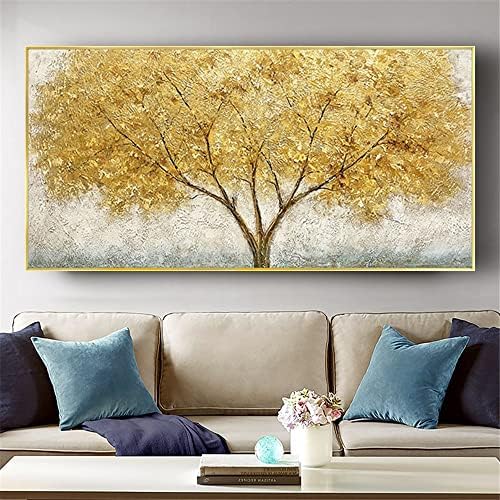 Wunm Studio CE Moderno pintado à mão Pintura a óleo na tela Amarelo dourado Rico rico em árvore planta Arte da parede
