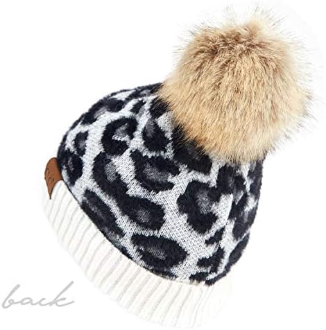 C.C exclusivos chapéu de gorro macio com padrão de leopardo e pom de pele