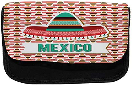 Caixa de lápis mexicano lunarável, traje de chapéu cultural, bolsa de lápis de caneta com zíper duplo, 8,5 x 5,5, vermelho de menta laranja pálida