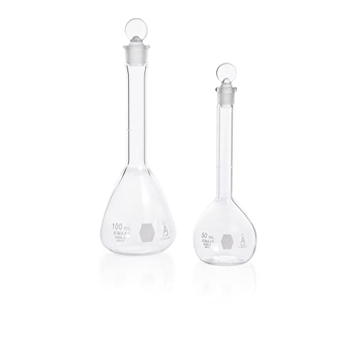 Kimble 28014-200 Borossilicate Glass 200ml, +/- 0,10 ml de tolerância, redondo com frasco volumétrico de fundo de fundo plano, com tampa de vidro de parto padrão padrão