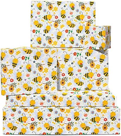 Papel de embrulho de abelha Central 23 - 6 folhas de embrulho de presente floral com tags - flor e abelha - papel