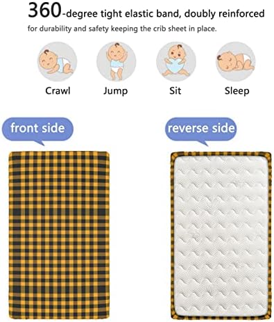 Folha de berço com tema xadrez, colchão de berço padrão encaixou folhas macias e respiráveis ​​lençóis de cama de menino ou garotas ou berçário, 28 “x52”, preto e laranja