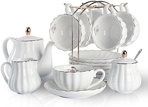 Conjuntos de chá de porcelana British Royal Series, 8 onças de xícaras e pires para 6, com bule de chá de cremes de cremina de