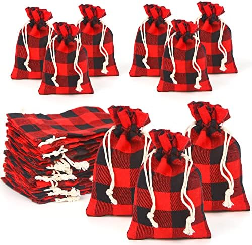 Suloli 24pcs Christmas Buffalo xadrez xadrez de cordão, bolsas de estopa de xmas Sacos de cordão de goleto de algodão lavável