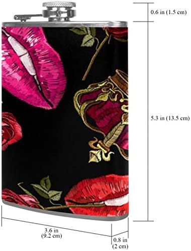 Bordados Red Lips Crown Rose Pattern Flasks para licor para homens, balão de quadril de aço inoxidável com funil, balão de uísque 8 oz