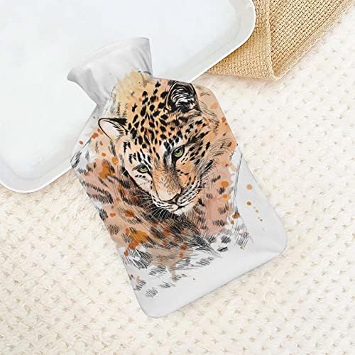 Garrafa de água quente de leopardo em aquarela com tampa macia para compressa quente e alívio da dor na terapia a frio 6x10.4in