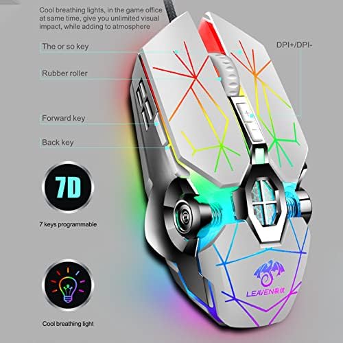 Gaming Mouse Wired, ratos de computador óptico USB com retroilumínio RGB, 7 DPI ajustável até 3200, mouse de PC para laptop para jogadores