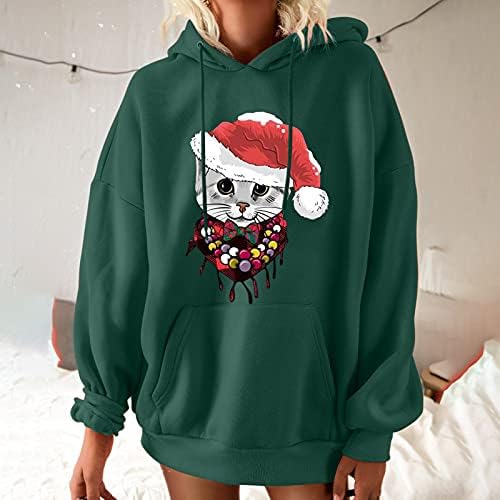 Molho de capuz de Natal feminino moletons casuais de cordão solto estampado de canguru pullover de manga longa de manga