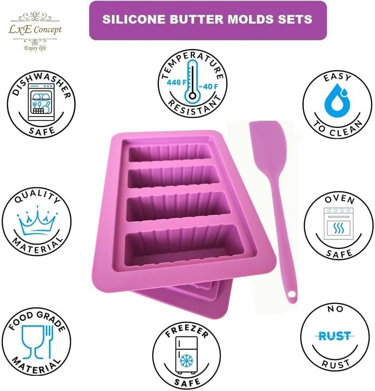 Moldes de manteiga Bandeja de manteiga de silicone - roxo com recipiente de espátula com tampa de 4 formas de bastão para fabricar velas de manteiga de ervas