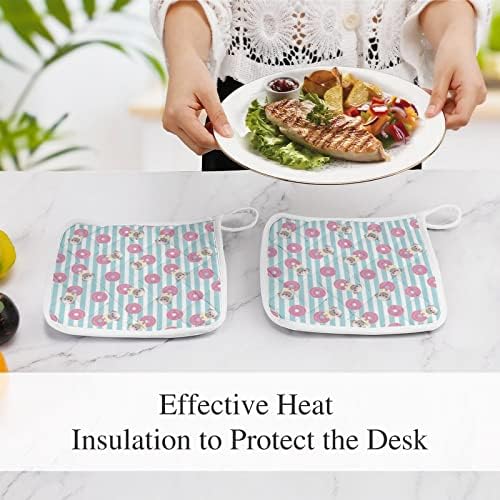 Rosa engraçado pug e donutt suportes de panela 8x8 PADs quentes resistentes ao calor Proteção de desktop para cozinhar Conjunto