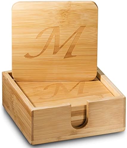 Conjunto de montanha -russa de monograma personalizado | Inclui 6 montanhas -russas com suporte | Coasters de bambu para mesas de café - Presentes de casamento - presentes de férias e muito mais | Monograma m ”