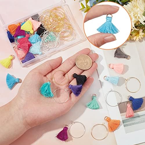 Sunnyclue 1 Box 90pcs vidro de vidro encanta de vidro colorido com borla colorida Drink Charm Marks Tags de vinho copos anéis de vidro de vinho prateados para férias Decorações de casamento Favors Favors de festas