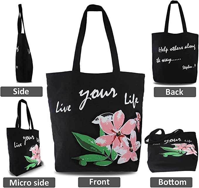Mel Jun Canvas Bag para mulheres, sacos de praia Reutilizável sacos de ginástica preto com flores coloridas- grande/média