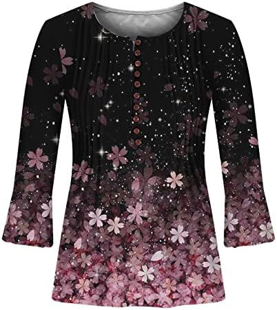 Mulheres Henley Crewneck T-Shirt Fashion Print 3/4 SLUVE SLUEVE CASual Botão solta Blusa plissada Túps de túnica fluida