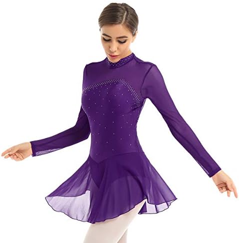 Lejafay feminino shiny shiny skining vestido de patinação longa mangas compridas ginástica traje de dança de balé de collant