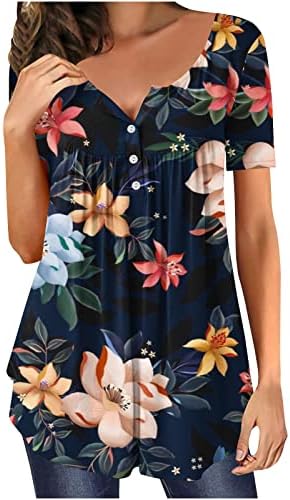 Mangas de camiseta solta floral feminina Horces curtos oculam a barriga Henley Tshirt Round Neck Blouse Casual Bouse Tops para