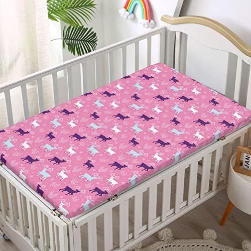 Folhas de berço ajustadas com temas de berçário, lençóis de berço portáteis de mini berço macios e respiráveis ​​- lençóis de berço para menina ou menino, 24 “x38“, rosa pálido e multicolor