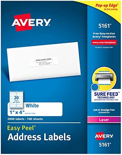 Avery Easy Peel Printable Endereço de endereço com rótulos seguros, 1 x 4, branco, 500 etiquetas de correspondência em branco