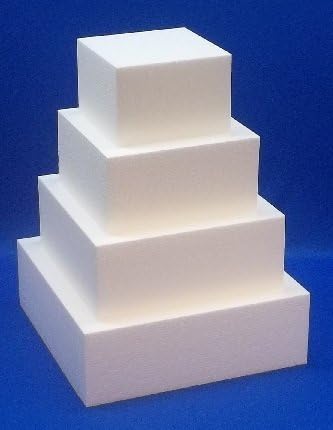 Oásis Supply 4 peças quadradas falsas de bolo de bolo para casamentos, artesanato e displays, 3 ”de altura por 6” 8 ”10” 12 ”14”