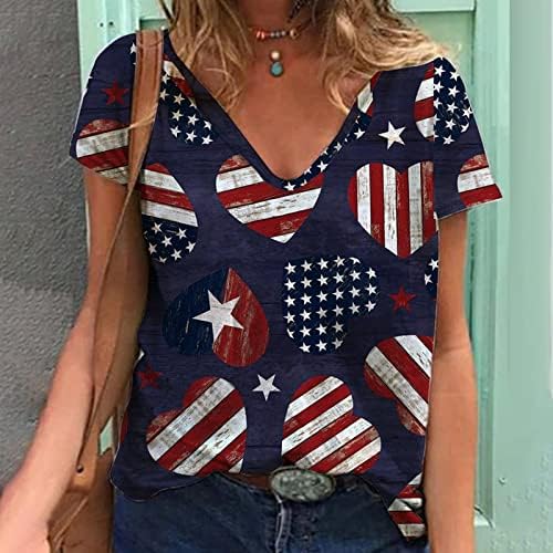 Camas de pescoço V para mulheres de manga curta Tops de verão 4 de julho Camisetas American Flag Print Tshirts soltos