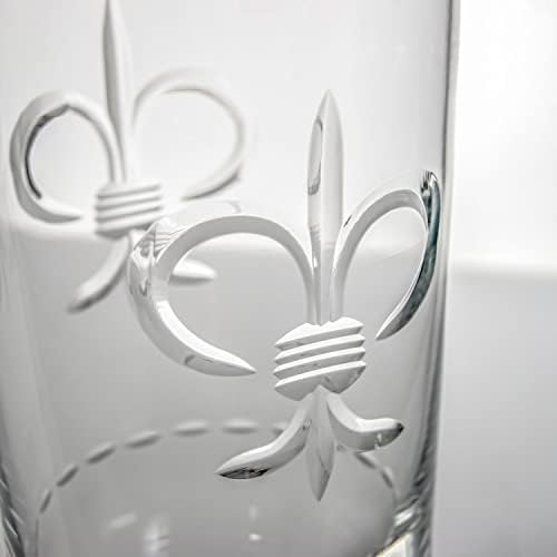 Rolf Glass Fleur de Lis Highball Glass 15 onça - Conjunto de 4 óculos mais frios - vidro sem chumbo - vidro bebido com base