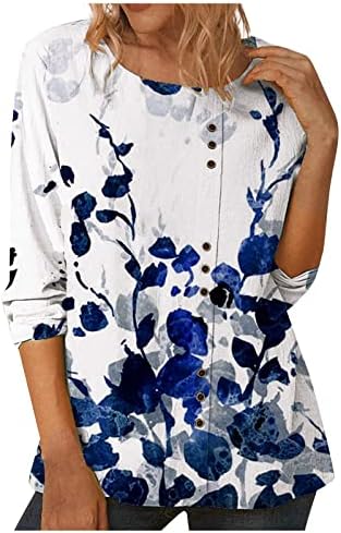 Camisa curta feminino redondo pescoço macio com botões Tops algodão mola de algodão Floral de mangas compridas de manga longa