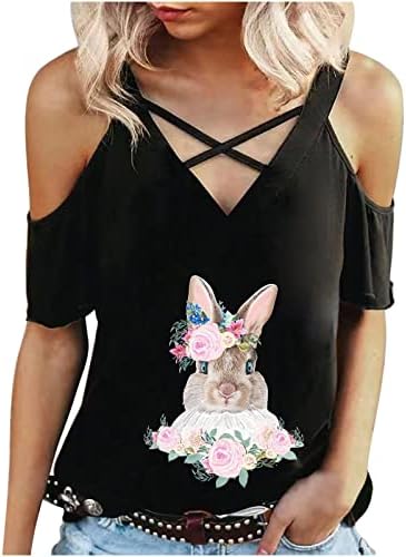 Camisas da Páscoa para mulheres do ombro Teas gráficas de coelho