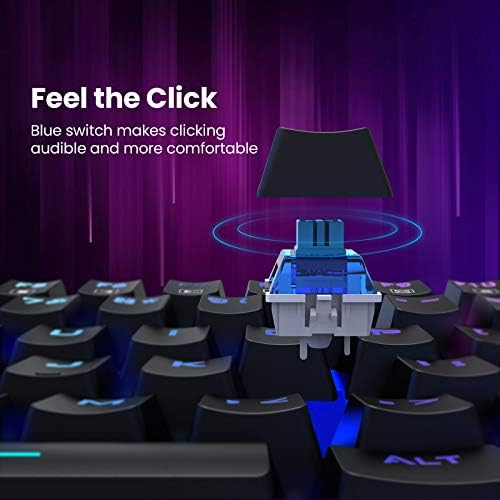 Teclado de jogos mecânicos RGB, 104 teclas teclado com fio USB com 20 modos de retroiluminamento verdadeiros, interruptores azuis