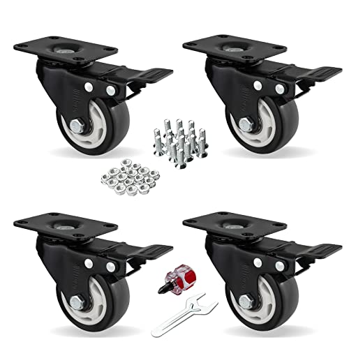 Rodas de rodízio de 5 polegadas Conjunto de 4, rodízio pesado com rodas de poliuretano sem ruído, lançadores de placa giratória com freio duplo para móveis de carro