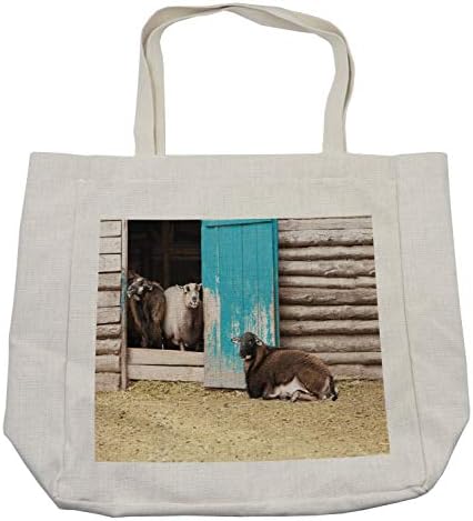 Bolsa de compras de animais de fazenda de Ambesonne, foto agrícola com ovelhas em casa de madeira rústica com porta pintada,