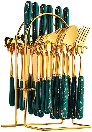 Conjunto de talheres de metal dourado de 24 peças, com serviço de alça de cerâmica para 6, utensílios de cozinha de talheres de utensílios de mesa, bifes faca/garfo/colher/capa combinando utensílios de mesa, com caddy suspenso