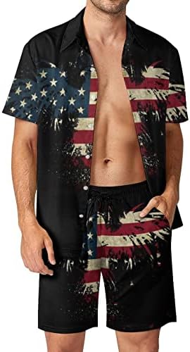 WeedkeyCat American Flag Eagle Men's Beach Roupfits 2 peças Button Hawaiian Down Camise